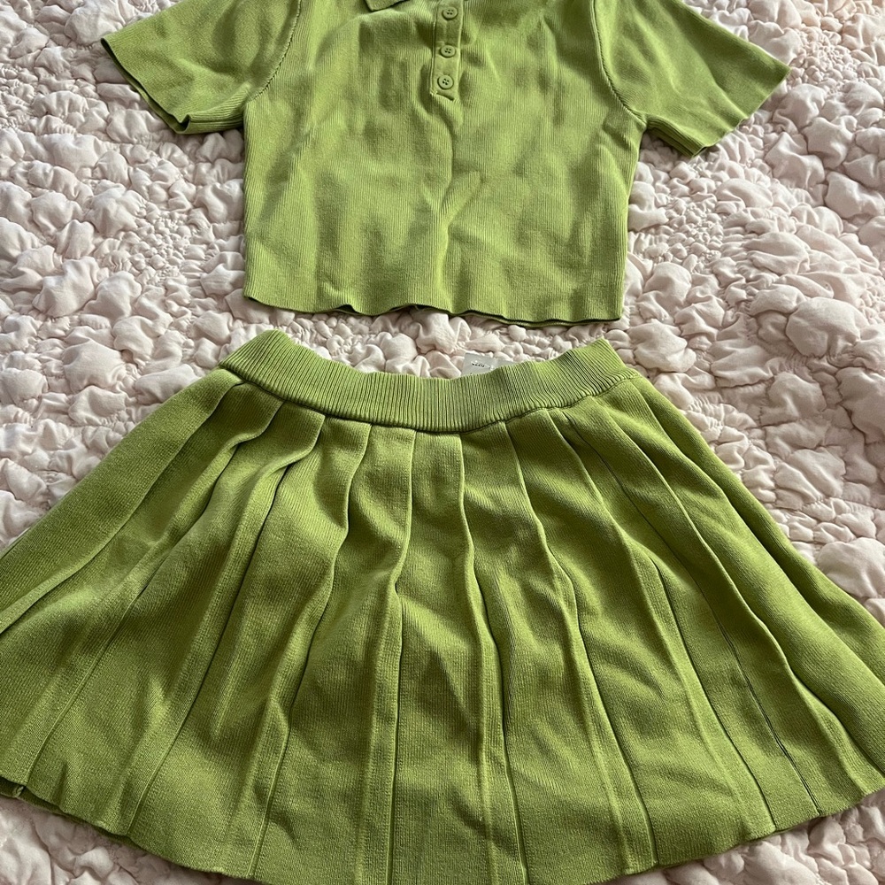 Green Cropped Polo Top and Skirt Set